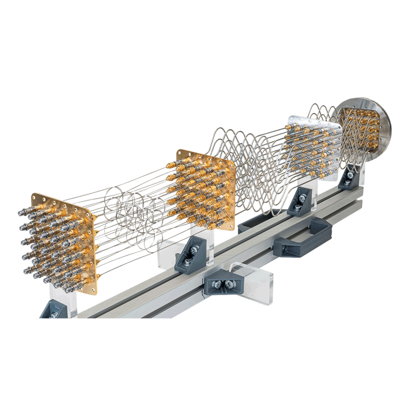 Side view of looped coaxial lines between connector blocks on an aluminum rail
