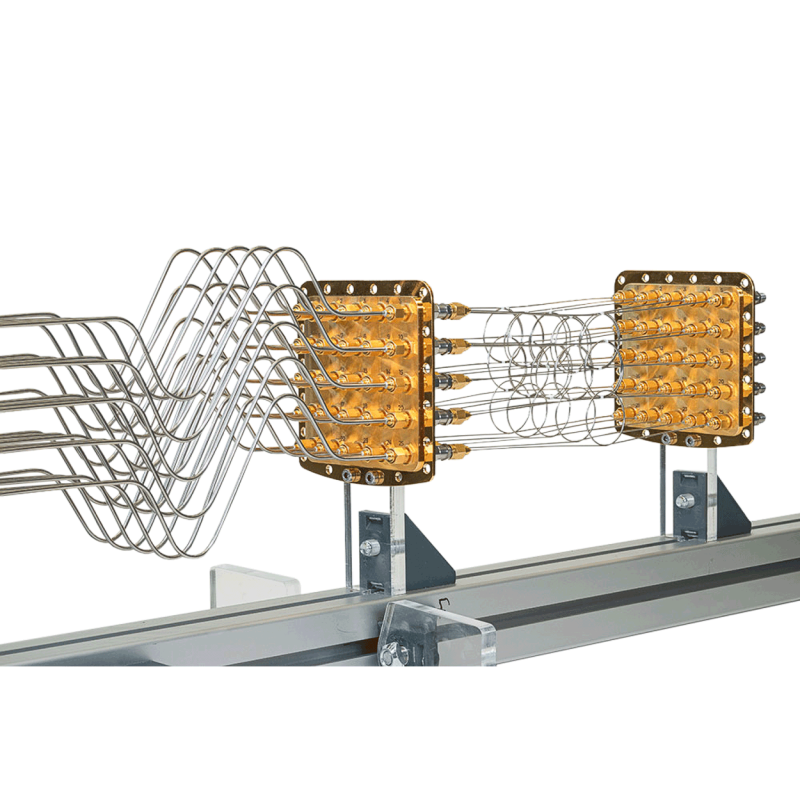 Close view of semi-rigid coaxial loops joining gold connector plates